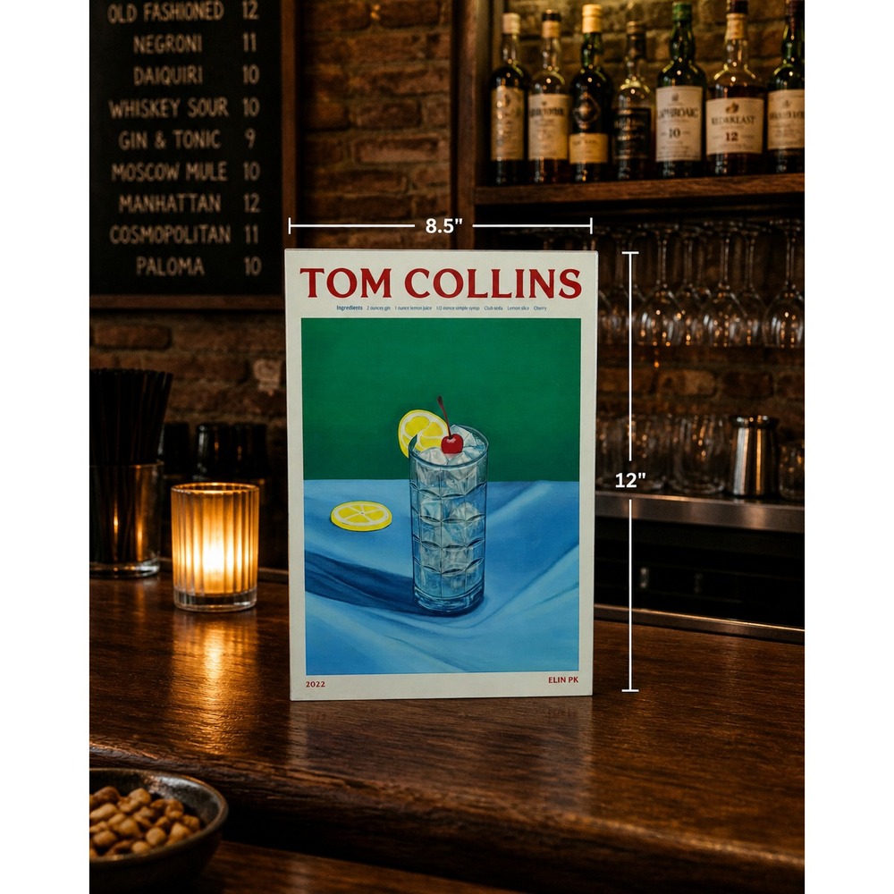 Elin PK Tom Collins Cocktail Art Print 2022 Recipe Poster Bar Decor Green Blue